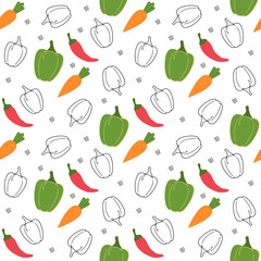 Seamless pattern with bright vegetables, multi-colored peppers and carrots on a white background. Vector illustration in minimalistic flat style, hand drawing. Kitchen print for textiles, print design