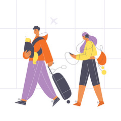 Young couple with baby walking with suitcase at the airport. Air traveling concept flat vector illustration.
