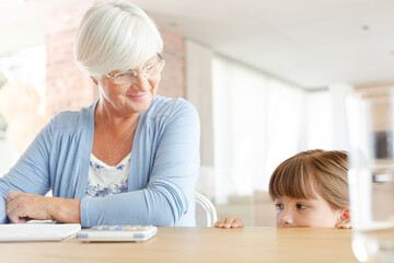 Fototapeta premium Older woman and granddaughter using calculator