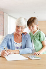 Fototapeta premium Older woman and granddaughter using calculator