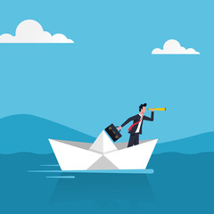 Businessman holding telescope and sailing on boat paper illustration. Risk and challenge concept for succes concept.