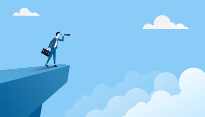 Business vision concept. Businessman on mountain peak with telescope illustration.