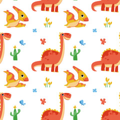 Fototapeta na wymiar Seamless pattern with cute cartoon dinosaurs and pterodactyls. Colorful orange prehistoric lizards in funny poses. Children s illustration by hand for printing on fabric and for design