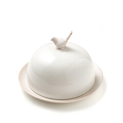 Cloche for food in ceramic. handle with decorative bird. isolated white background. with clipping path