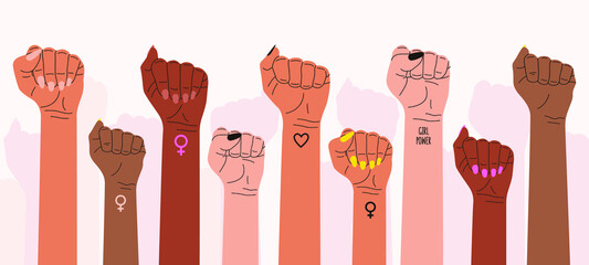 A flat vector cartoon illustration of women's fists raised up in protest. A symbol of the feminist struggle for women's rights. Girl power. - obrazy, fototapety, plakaty