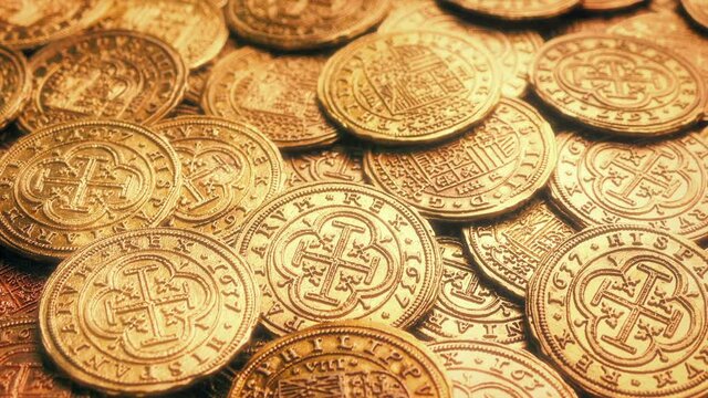 Gold Pirate Coins Glowing Moving Shot