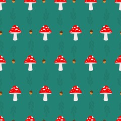 Vector seamless pattern of mushrooms and acorns.