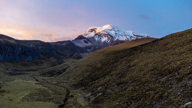 Sunset at Chimborazo mountain view along a valley - Ecuador