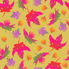 Obraz premium Vector seamless golden pattern with autumn dry torn leaves. Bright multicolored colorful maple and oak leaves isolated on gold background.