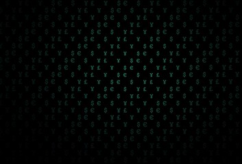 Dark green vector background with EUR, USD, GBP, JPY.