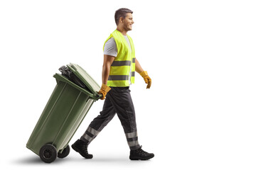 Bin man walking and pulling a green plastic bin