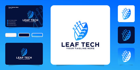 leaf technology logo design inspiration and connection line and business card