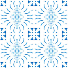 Azulejo watercolor seamless pattern. Traditional Portuguese ceramic tiles. Hand drawn abstract background. Watercolor artwork for textile, wallpaper, print, swimwear design. Blue azulejo pattern.