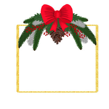 Christmas gold frame. Festive Composition. Elements for a greeting card. Invitation card. Design for decoration. Holiday party. Printed illustration.