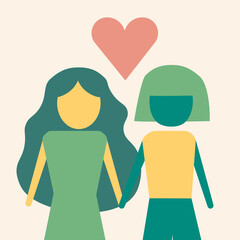 Illustration of a lesbian or LGBT couple holding hands with a heart. Showing the diversity of love.