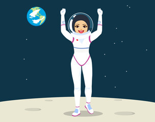 Female astronaut happy celebrating with arms up landing on moon with Earth planet on background © Kakigori Studio