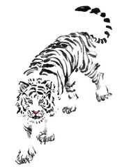 水墨画技法で描かれた前向きの白虎