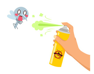 Female hand holding insecticide bottle spraying scared mosquito