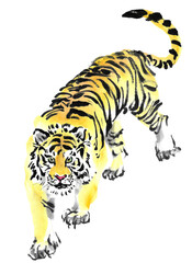 水墨画技法で描かれた前向きの虎