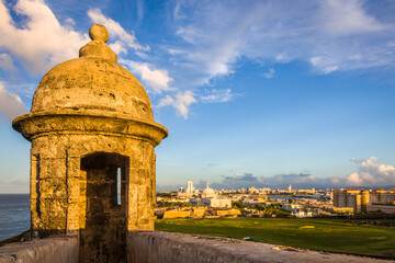 Turret at Castillo San Cristobal with a view of San Juan, Puerto Rico.
