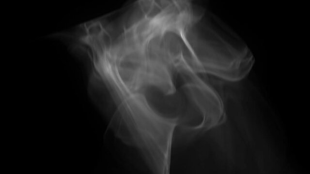 White smoke that rises slowly and floats suspended in the air. The steam rises with light and graceful twists on a black background. It can come from a cigarette or incense. Slow motion