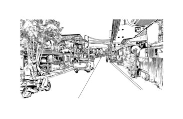 Building view with landmark of Hat Yai is the 
city in Thailand. Hand drawn sketch illustration in vector.