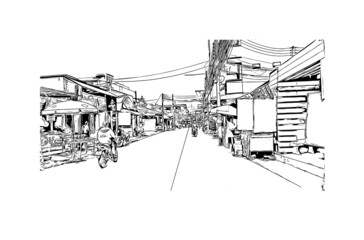 Fototapeta premium Building view with landmark of Hat Yai is the city in Thailand. Hand drawn sketch illustration in vector.