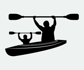 kayak Printable Vector Illustration.Kayaking silhouettes vector. Set of silhouettes of people swimming in a canoe.