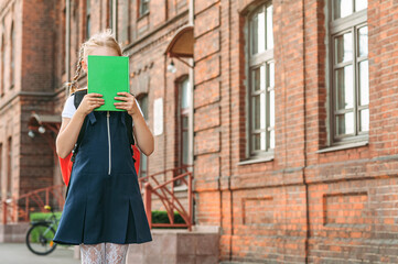 Obraz premium Portrait of a young girl in a school uniform with books in her hands. Against the background of an old college.