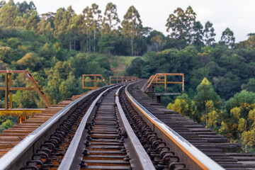 Fototapeta premium train track over a bridge with trees in the background