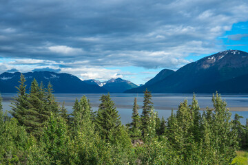 breathtaking Alaska landscape with trees mountains and water
