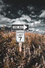 One Way road sign and speed limit 7 sign