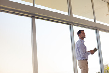 Businessman using tablet computer at window