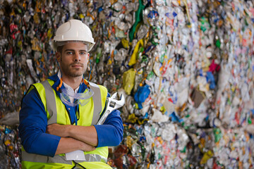 Worker standing by compacted recycling bundles