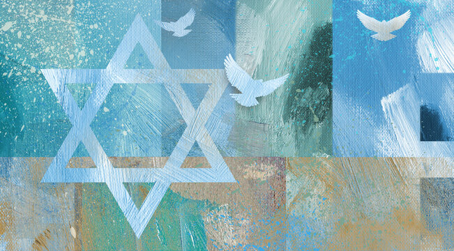 Graphic abstract Star of David  background with three doves