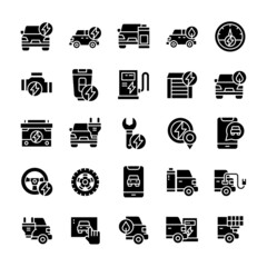 Set of Electric Car icons with glyph style.