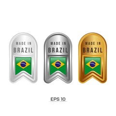 Made in Brazil Label, Stamp, Badge, or Logo. With The National Flag of Brazil. On platinum, gold, and silver colors. Premium and Luxury Emblem