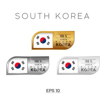 Made in South Korea Label, Stamp, Badge, or Logo. With The National Flag of South Korea. On platinum, gold, and silver colors. Premium and Luxury Emblem