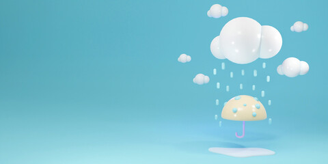 3D Rendering of umbrella under raining cloud with space for text concept of rainy season background for commercial design. 3D Render. 3D illustration. - obrazy, fototapety, plakaty