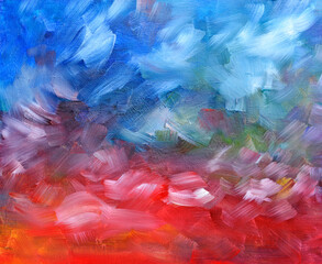 Abstract background in blue and red, from chaotic brush strokes.