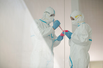 Fototapeta premium Scientists in clean suit with pipette and tray