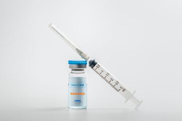 Syringe with liquid vaccines booster on white background, fight against virus covid-19 coronavirus, Vaccination and immunization. diseases,medical care,science, vaccine booster concept.