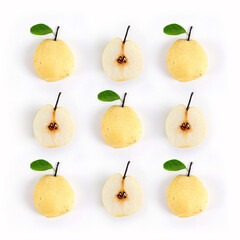Creative layout of fresh yellow pear on white background