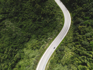 Aerial view forest nature with car on the road on the mountain green tree, Top view road curve from above, Bird eye view road through mountain the green forest beautiful fresh environment