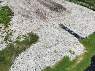 Aerial view landfill garbage waste huge dump environmental pollution problem, Top view on plastic...