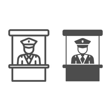 Customs officer in the office, passport controll line and solid icon, security concept, CBP vector sign on white background, outline style icon for mobile concept and web design. Vector graphics.