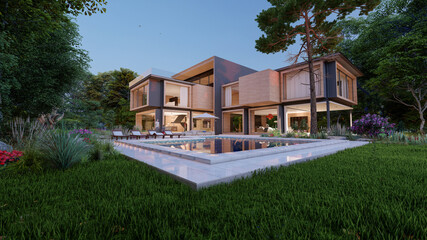 Fototapeta na wymiar Large modern contemporary house in wood and concrete