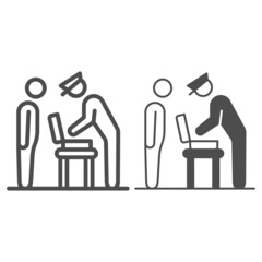 Officer examines suitcase line and solid icon, security check concept, bag contents inspection vector sign on white background, outline style icon for mobile concept and web design. Vector graphics.