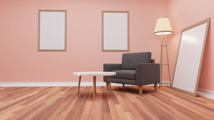 3D rendering living room interior with sofa on a wooden floor.