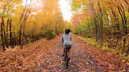 Woman road gravel biking in Fall on forest path im the rain with colorful orange yellow autum leaves. Road biker riding bicycle in fall foliage